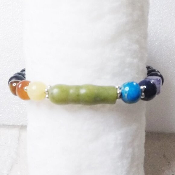 8" Chakra Stretch Bracelet w. Carnelian, Citrine Jasper, Tigereye & Agate Stone - Picture 2 of 9